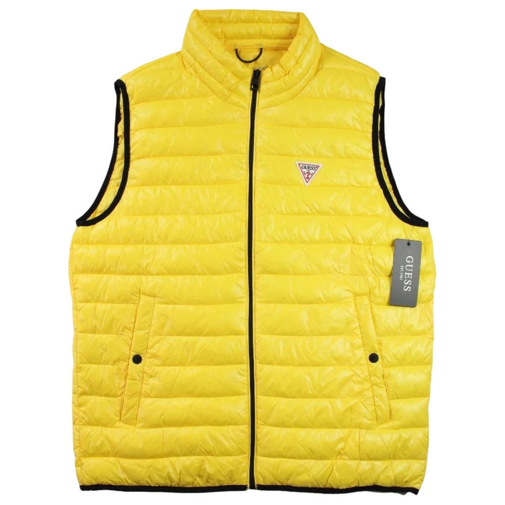 Guess Mens Yellow Puffer Vest L Full Zip Quilted Mock Neck Lightweight Nylon New